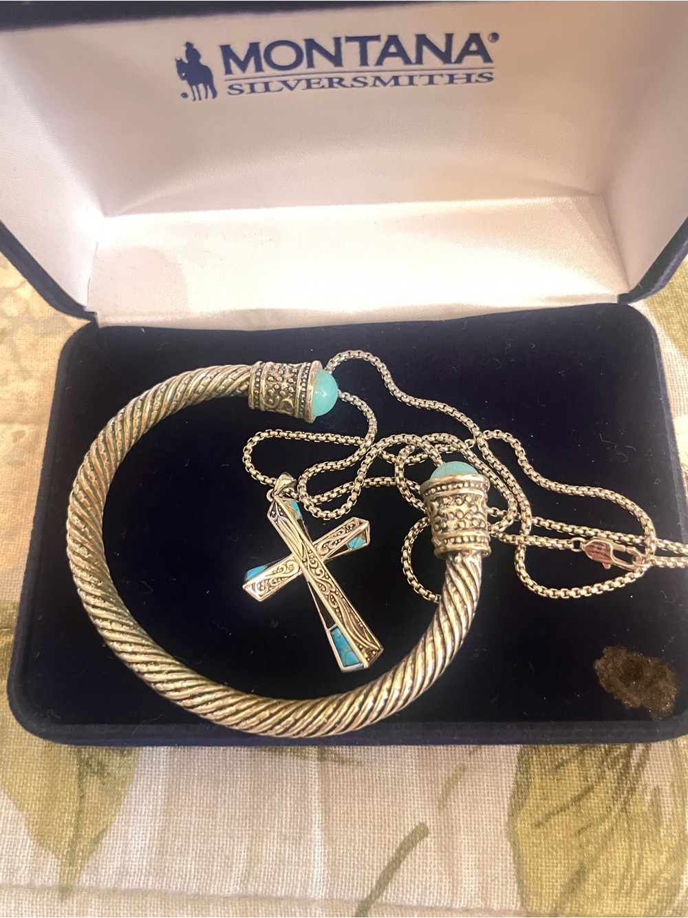 Montana Silversmiths Silver-Tone Turquoise Cross Necklace and Bracelet